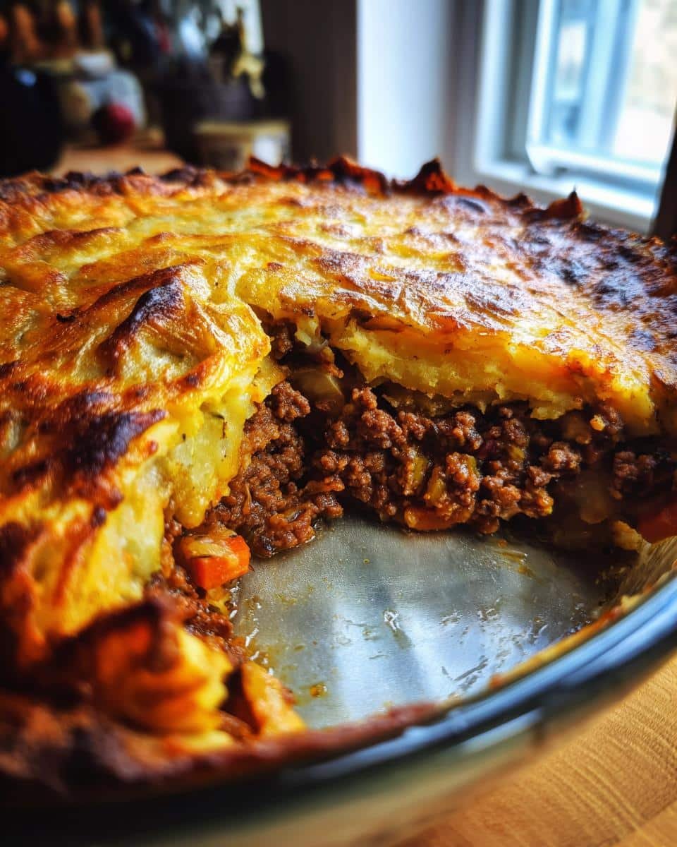 Heavenly Twice Baked Potato Shepherds Pie: 1 Dish Wonder 6 Close-up of a twice baked potato shepherds pie in a glass dish, showing the layers of potato and meat filling.