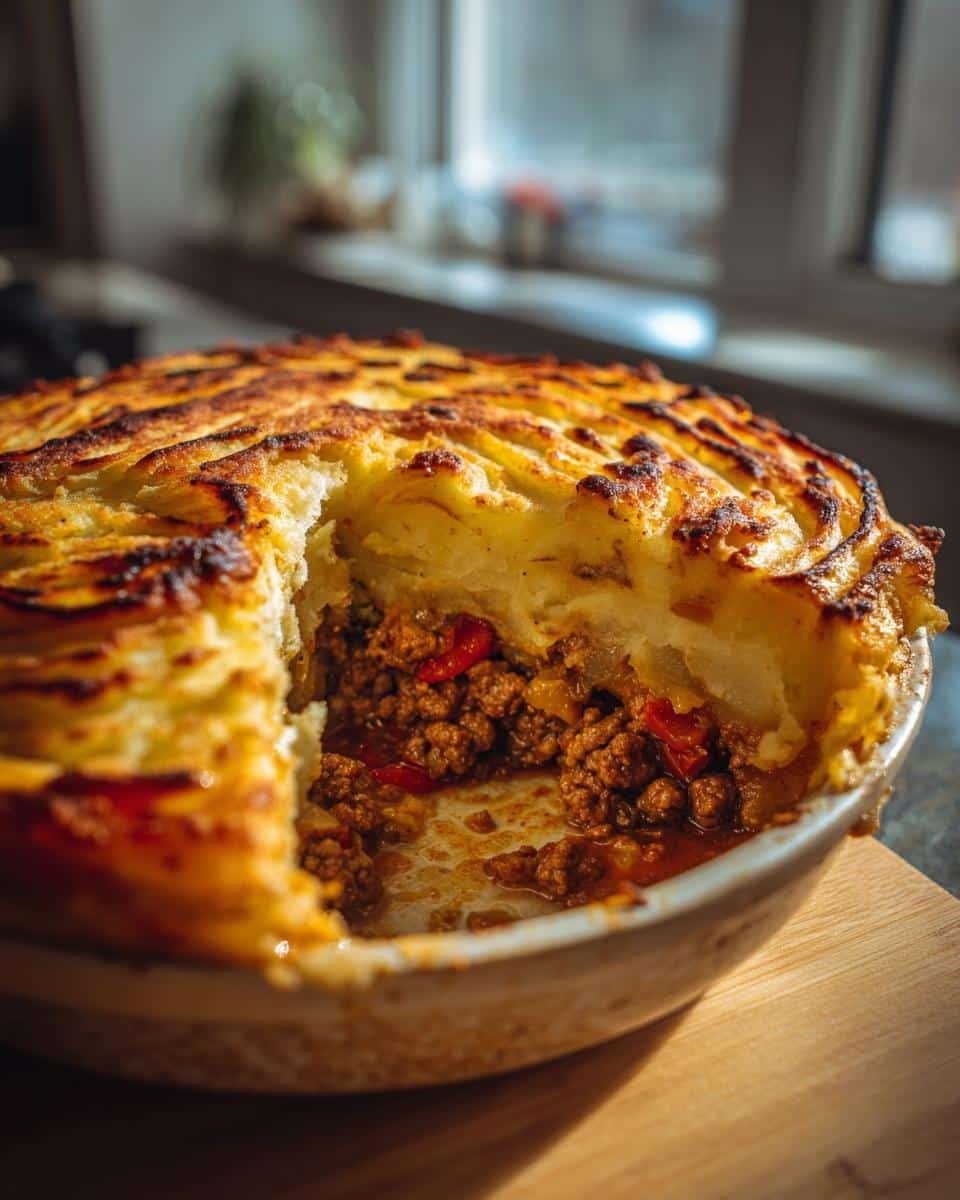 Heavenly Twice Baked Potato Shepherds Pie: 1 Dish Wonder 7 Delicious twice baked potato shepherds pie with a scoop taken out, showing the meat filling.