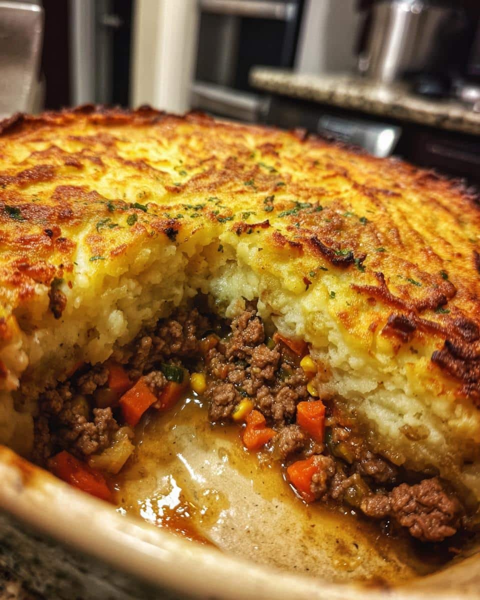 Heavenly Twice Baked Potato Shepherds Pie: 1 Dish Wonder 9 Close-up of a delicious Twice Baked Potato Shepherds Pie with a scoop taken out, revealing the meat and vegetable filling.
