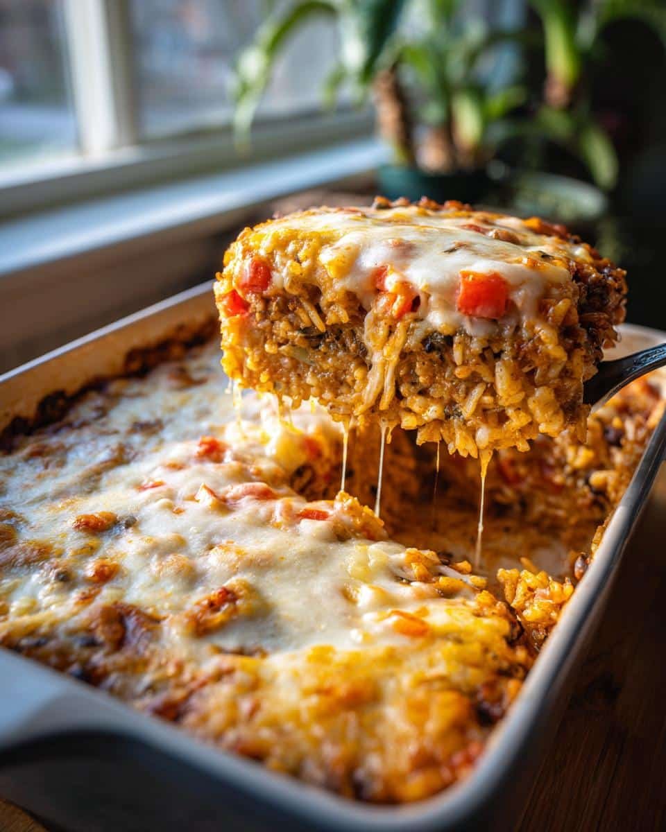 Disgustingly Easy Vegetarian Mexican Rice Casserole 6 A spoonful of cheesy vegetarian Mexican rice casserole is lifted from a baking dish, showing melted cheese.