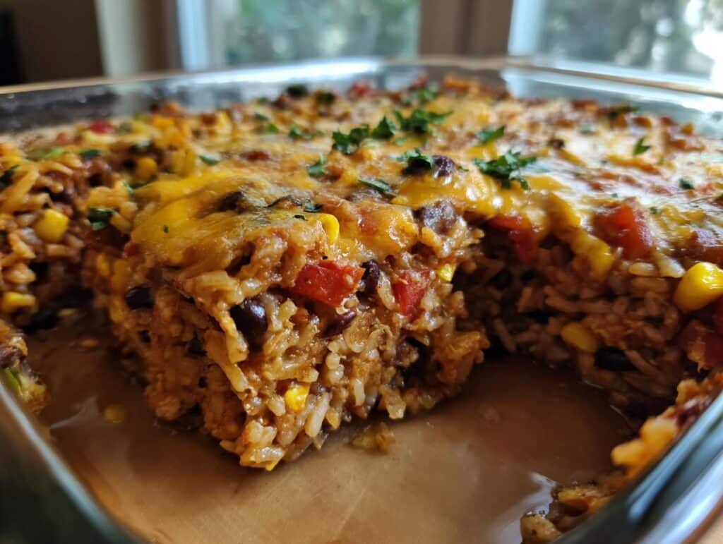 Close-up of a delicious vegetarian Mexican rice casserole with rice, beans, corn, tomatoes, and melted cheese.