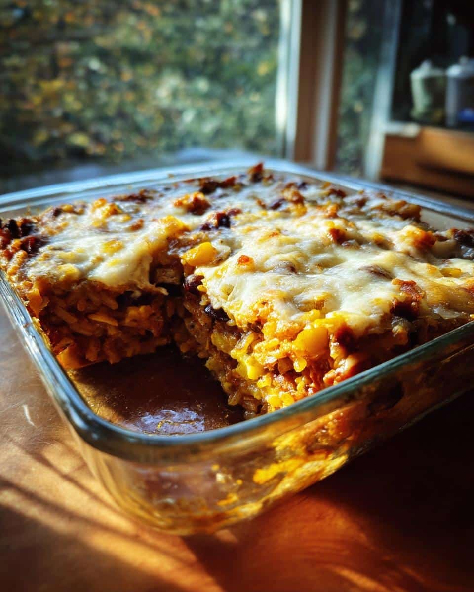Disgustingly Easy Vegetarian Mexican Rice Casserole 7 Close-up of a vegetarian Mexican rice casserole in a glass baking dish, topped with melted cheese.