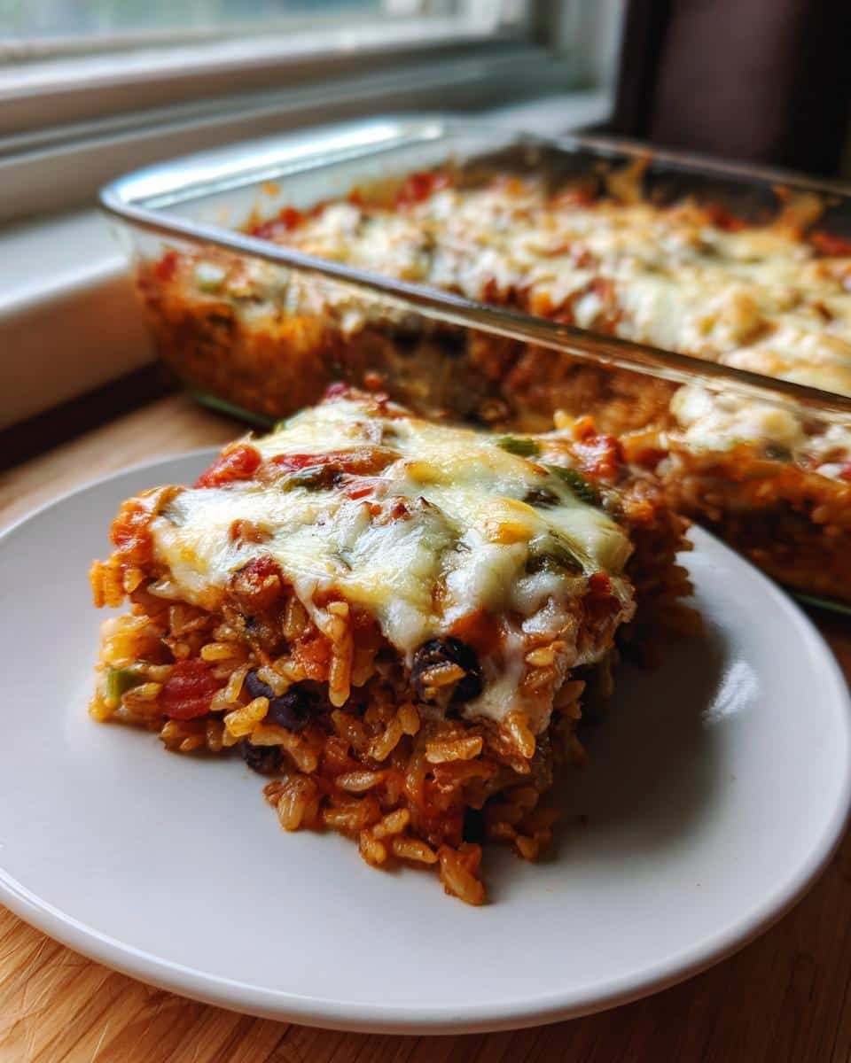 Disgustingly Easy Vegetarian Mexican Rice Casserole 8 A slice of vegetarian Mexican rice casserole with melted cheese, tomatoes, and black beans on a white plate.