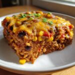 A slice of vegetarian Mexican rice casserole with rice, corn, beans, peppers and melted cheese.