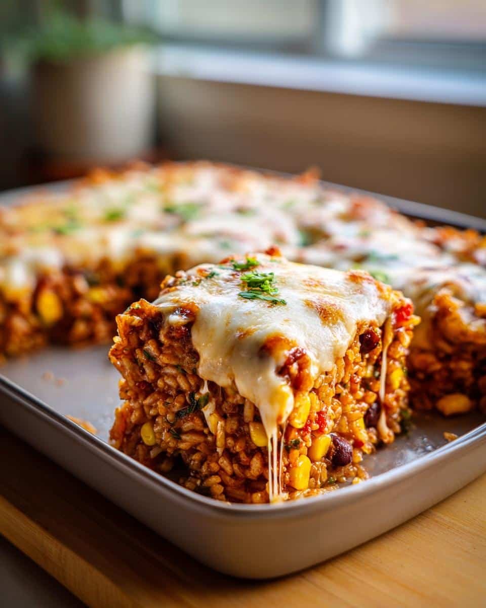 Disgustingly Easy Vegetarian Mexican Rice Casserole 9 A slice of vegetarian Mexican rice casserole with melted cheese, corn, and beans.