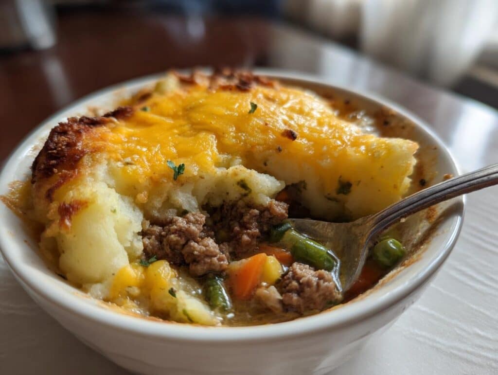 Close-up of Weight Watchers Shepherd's Pie with mashed potato topping, ground meat, and vegetables in a white bowl.