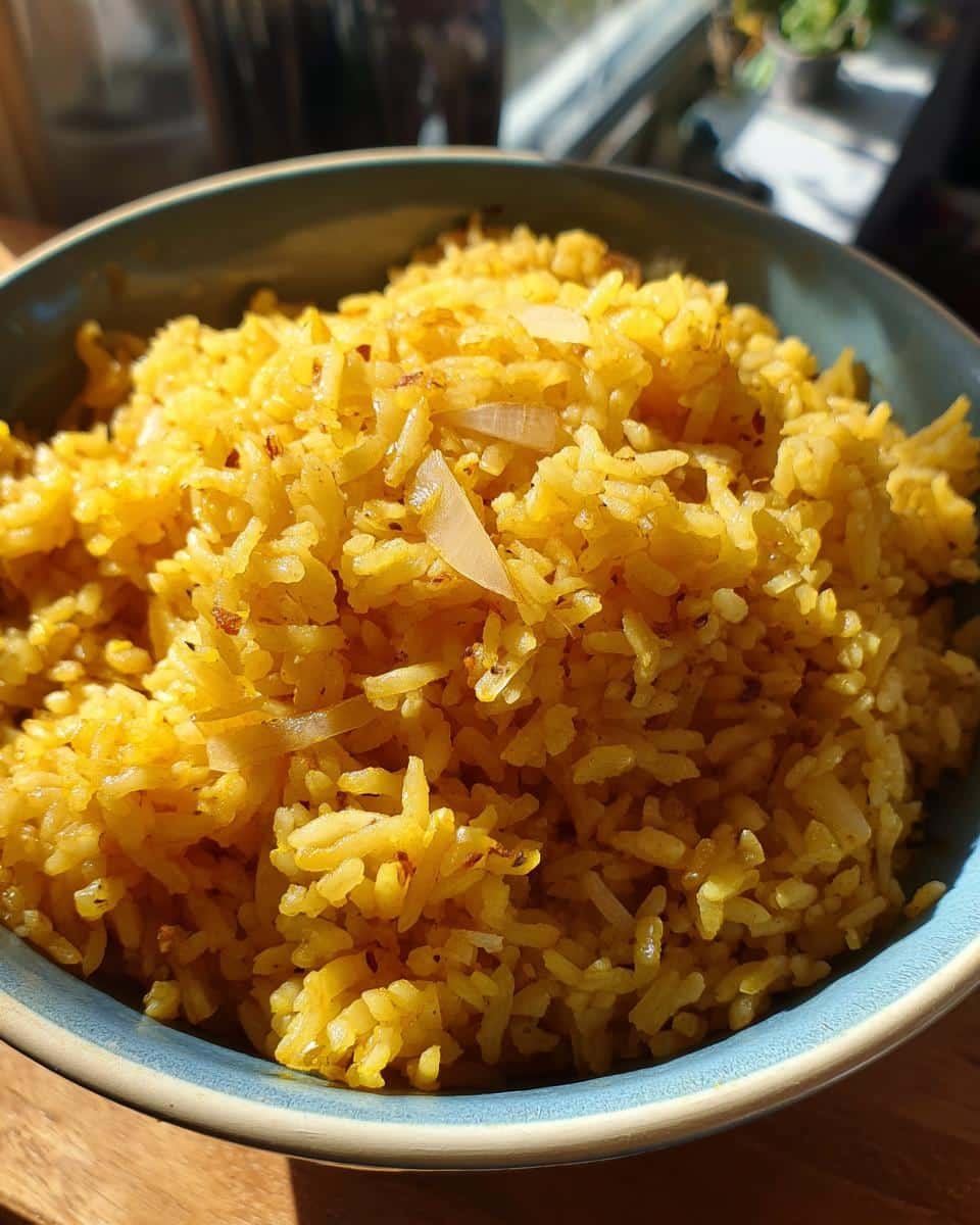 Delicious Protein Blueberry Breakfast Bake in Just 30 8 Close-up of a bowl of yellow rice, potentially an ingredient in a protein blueberry breakfast bake.